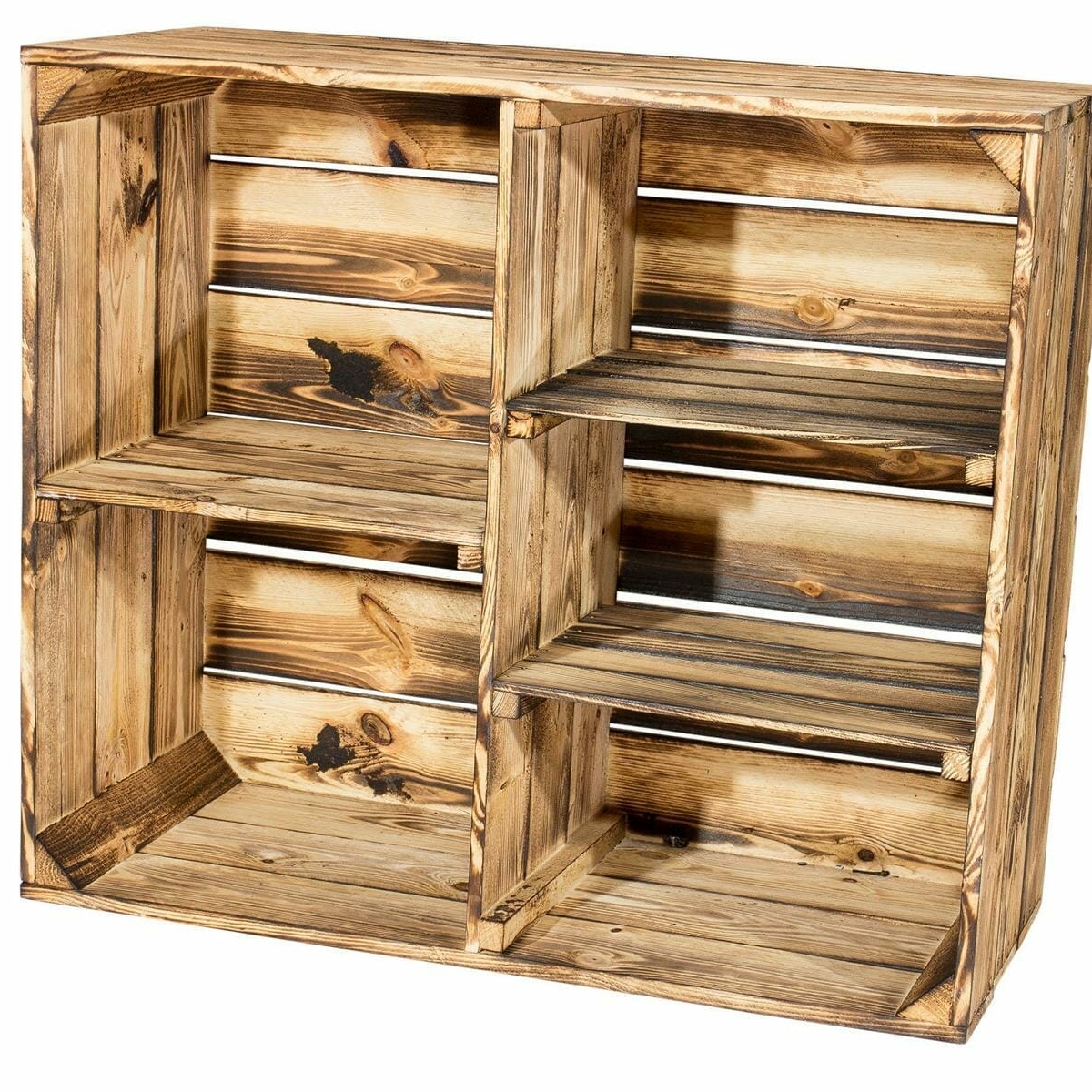 ᐅ Geflammtes Holzkisten Regal mit 3 Mittelbrettern & Trennwand