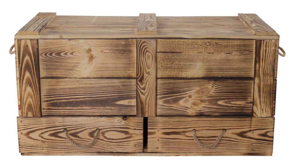 ᐅ Geflammte Holzkiste mit Deckel Mit 2 Schubladen & Kordel
