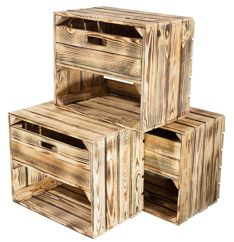 geflammte holzkiste mit schublade