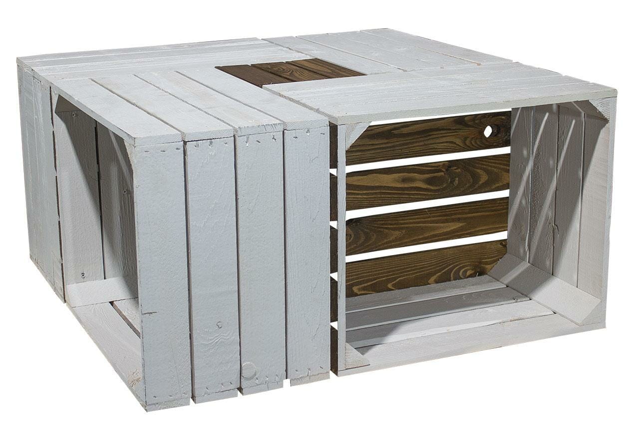 ᐅ Weißer Tisch aus Apfelkisten mit Rollen & Glasplatte | 81x81x44cm