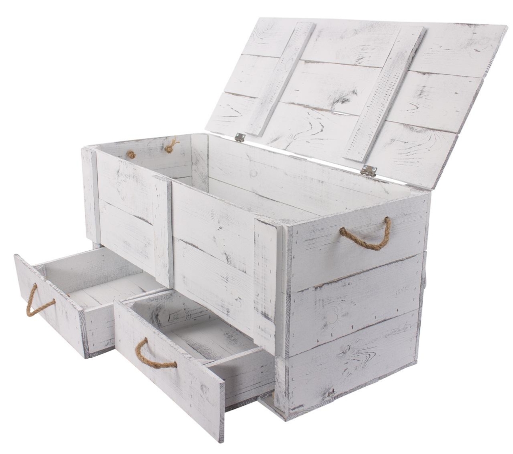 ᐅ XXL Holzkiste mit Deckel Shabby Mit 2 Schubladen & Kordel