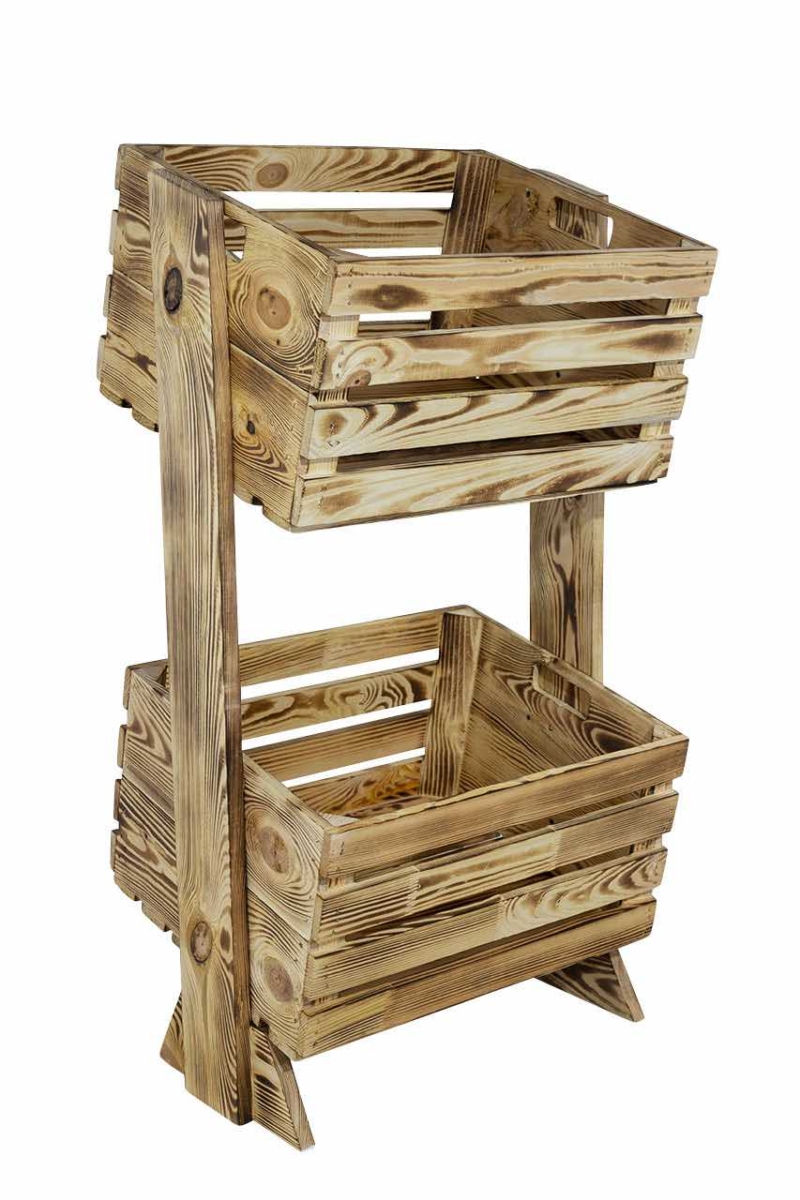 Holzkisten Regal mit 2 geflammten Holzkisten