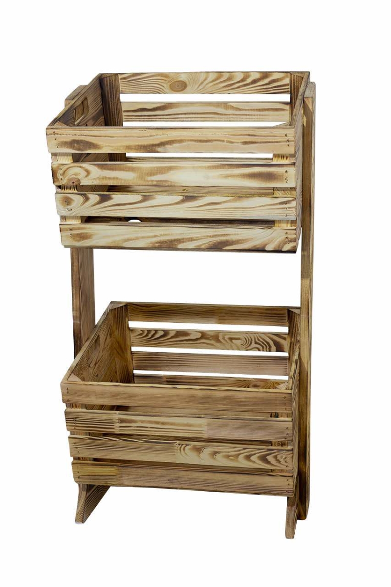 Holzkisten Regal mit 2 geflammten Holzkisten
