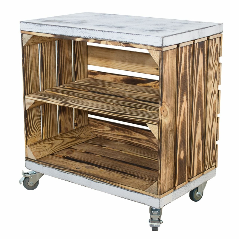 Holzkiste in geflammt mit Mittelbrett und bohlenbrett shabby weiß