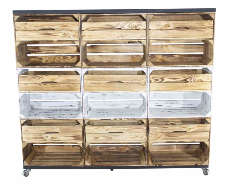 Holzkisten Regal in geflammt shabby weiß mit Schubladen