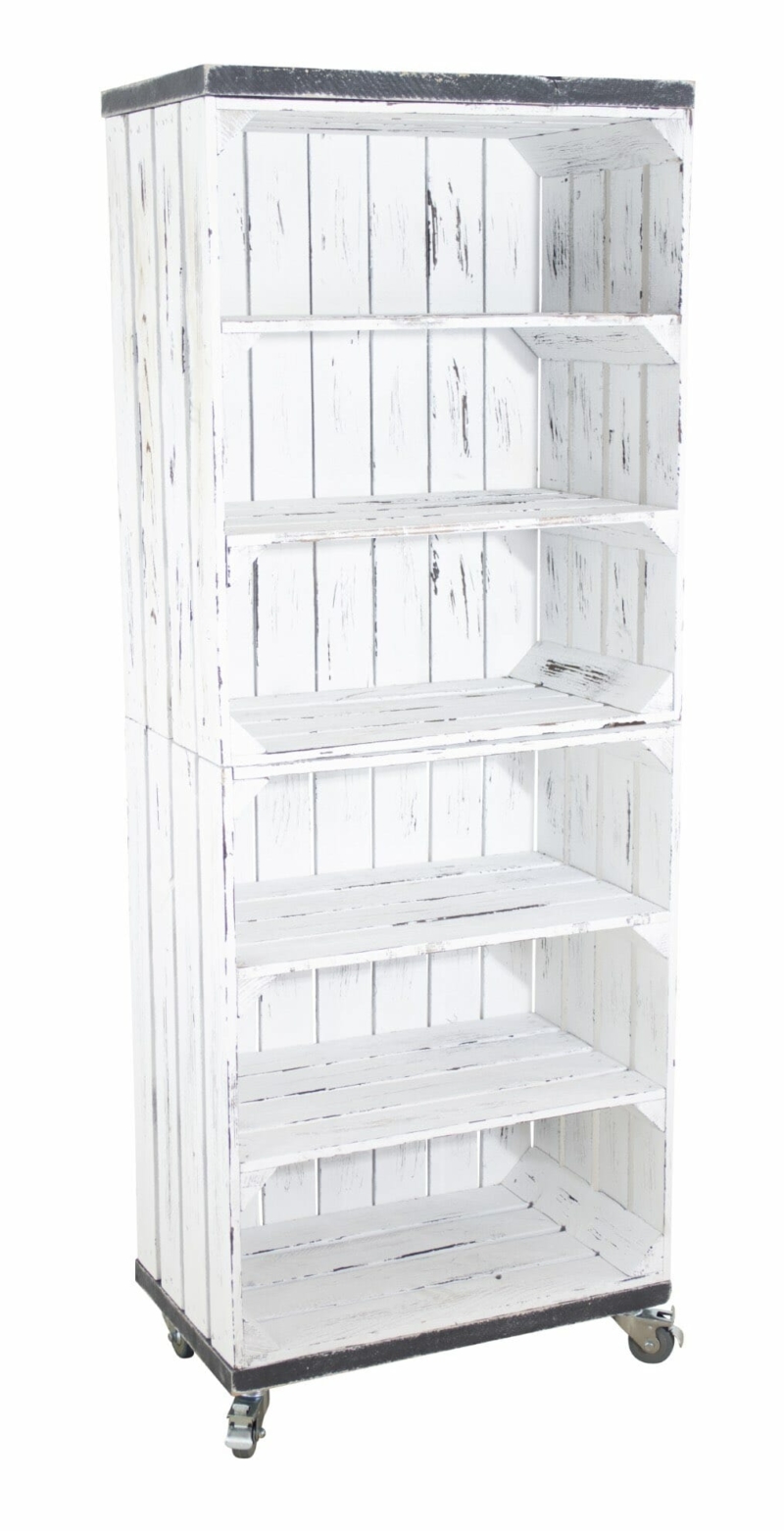 Holzkisten Regal in shabby weiß mit Bohlenbretter in vintage grau
