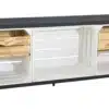 Holzkisten Regal in weiß mit Bohlenbretter in schwarz und Schubladen geflammt