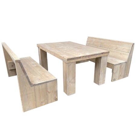 Esstisch Garnitur mit zwei Bänken mit Rückenlehne Bauholz Möbel - Gerüstholz - Gerüstbohlen - Bauholzmöbel - Gerüstholzbohlen