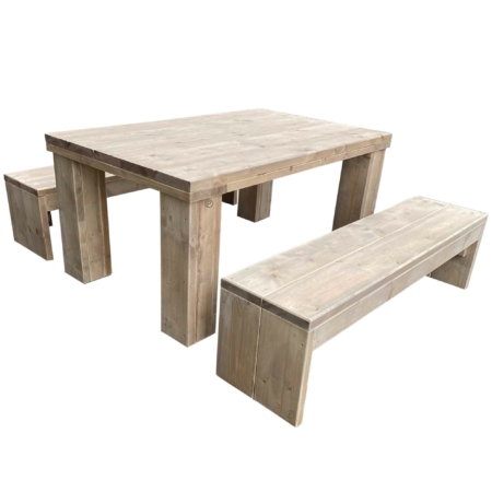 Garnitur mit Esstisch und zwei Bänken Bauholz Möbel - Gerüstholz - Gerüstbohlen - Bauholzmöbel - Gerüstholzbohlen