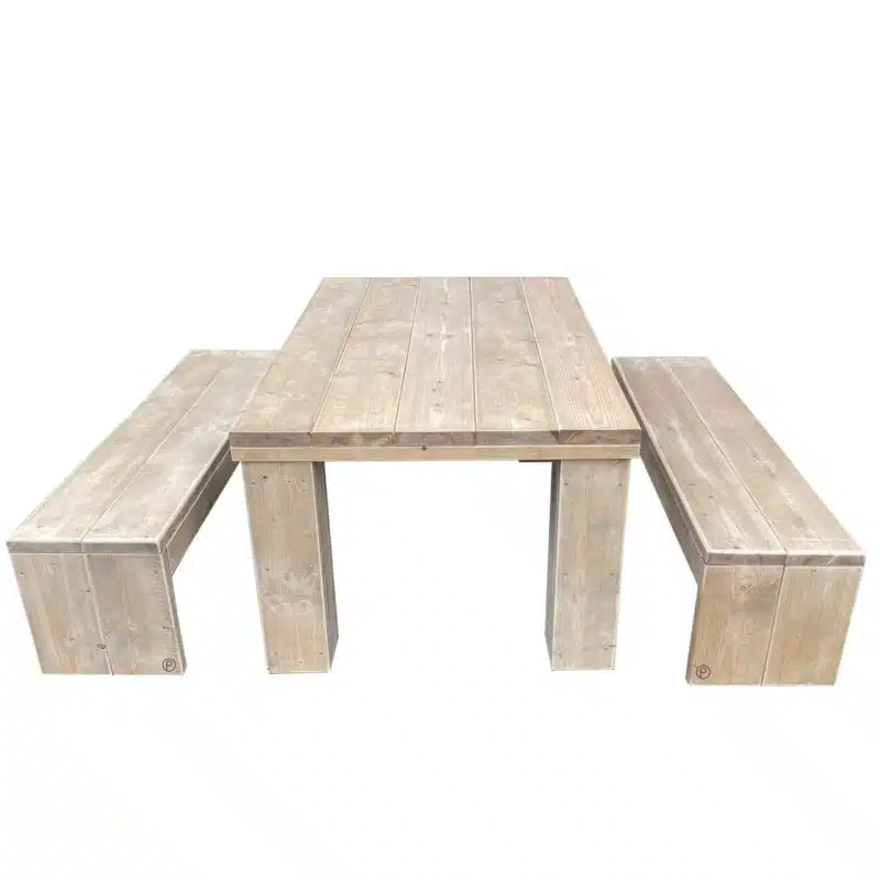 Garnitur mit Esstisch und zwei Bänken Bauholz Möbel - Gerüstholz - Gerüstbohlen - Bauholzmöbel - Gerüstholzbohlen