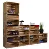 flurregal-mit-schubladen-schuhregal-holzkisten-geflammt-obstkisten-weinkisten